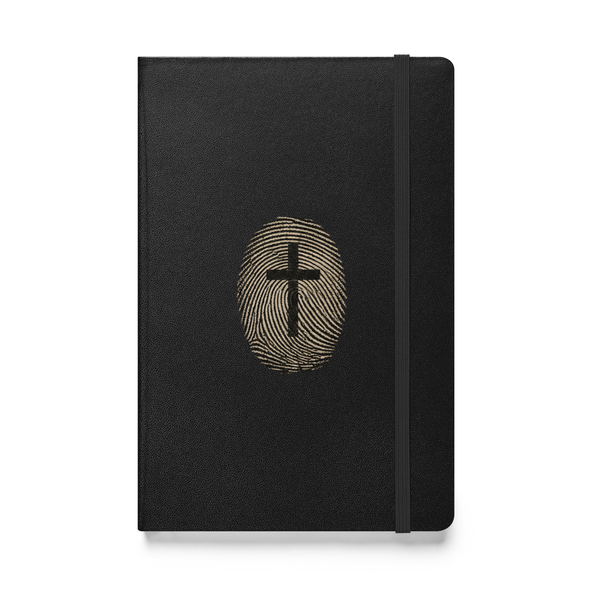 Gospel Noir Fingerprint Cross hardcover journal front view with black cover and strap closure
