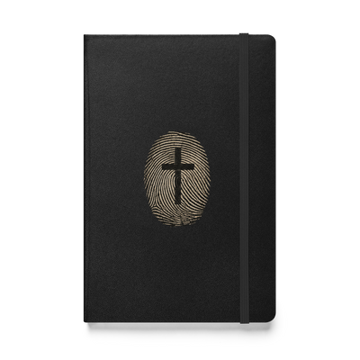 Gospel Noir Fingerprint Cross hardcover journal front view with black cover and strap closure