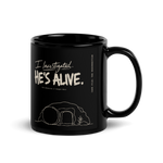 Gospel Noir I Investigated He's Alive black Christian coffee mug front view with detective faith design