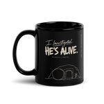 Gospel Noir I Investigated He's Alive black Christian mug back view with minimalist empty tomb sketch