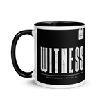Gospel Noir Witness Hebrews 12:1 black and white Christian coffee mug Back view