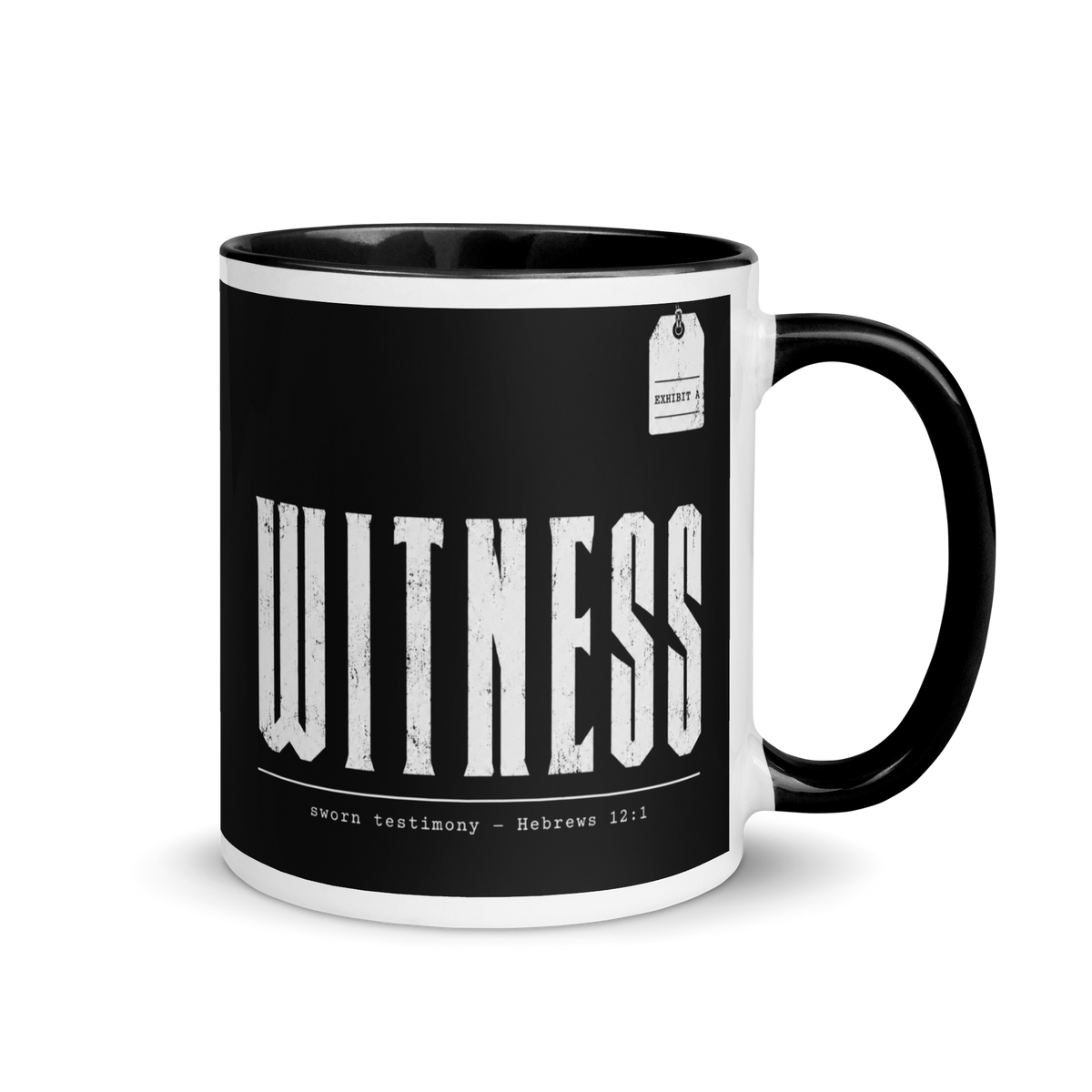 Gospel Noir Witness Hebrews 12:1 black and white Christian coffee mug front view