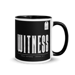 Gospel Noir Witness Hebrews 12:1 black and white Christian coffee mug front view
