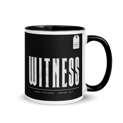 Gospel Noir Witness Hebrews 12:1 black and white Christian coffee mug front view