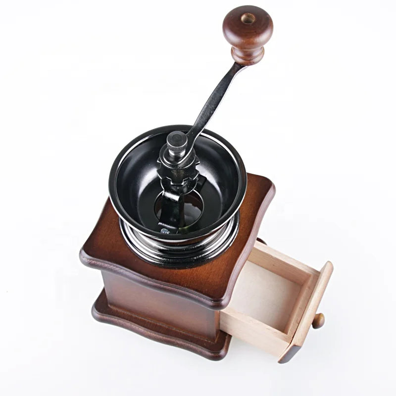 Classic Manual Coffee Grinder - Single Mockup Drawer Open and Top of Grinder: "Classic Wooden Manual Coffee Grinder with the drawer open, revealing the storage compartment. The top showcases the grinder's elegant design, perfect for espresso enthusiasts