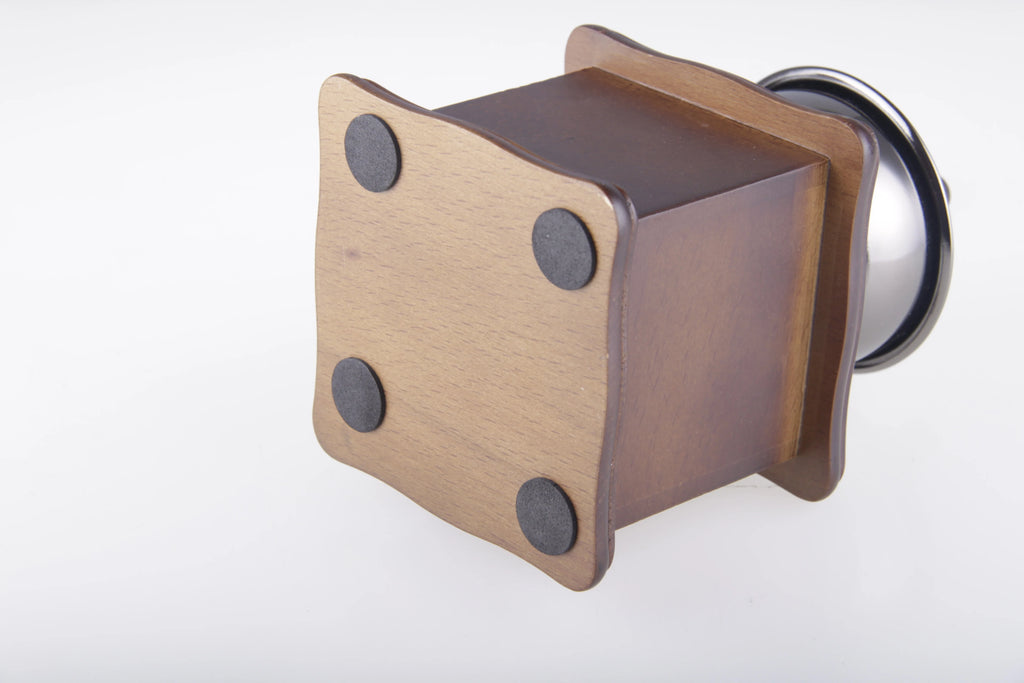 Classic Manual Coffee Grinder - Single Mockup - Bottom: "Bottom view of the Classic Wooden Manual Coffee Grinder, displaying its sturdy construction and natural wood finish. Designed for stability and durability in your coffee routine.