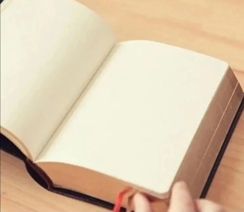 Blank Book with Bible look opened to an empty page, showcasing its vintage-style design and inviting space for writing, drawing, or recording prayers and reflections.
