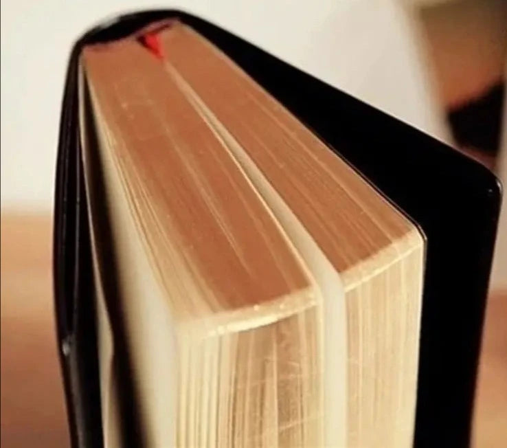 Blank Book with Bible look standing on its side with pages fanned out, highlighting the thick, high-quality blank pages ideal for journaling, note-taking, and creative expressions.