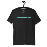 Heavenly Crafted's 'Forgiven and Free' T-shirt in Black Heather hanging on a wooden hanger, showcasing the sleek design with vibrant neon blue text. Perfect for everyday faith expression.