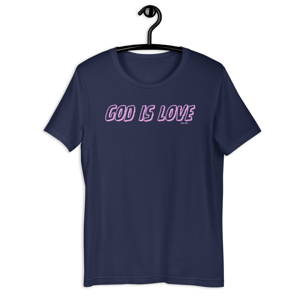 Heavenly Crafted's 'God Is Love' T-shirt in Navy hanging on a wooden hanger, showcasing the neon text design on the front. A perfect blend of faith and fashion for everyday wear.
