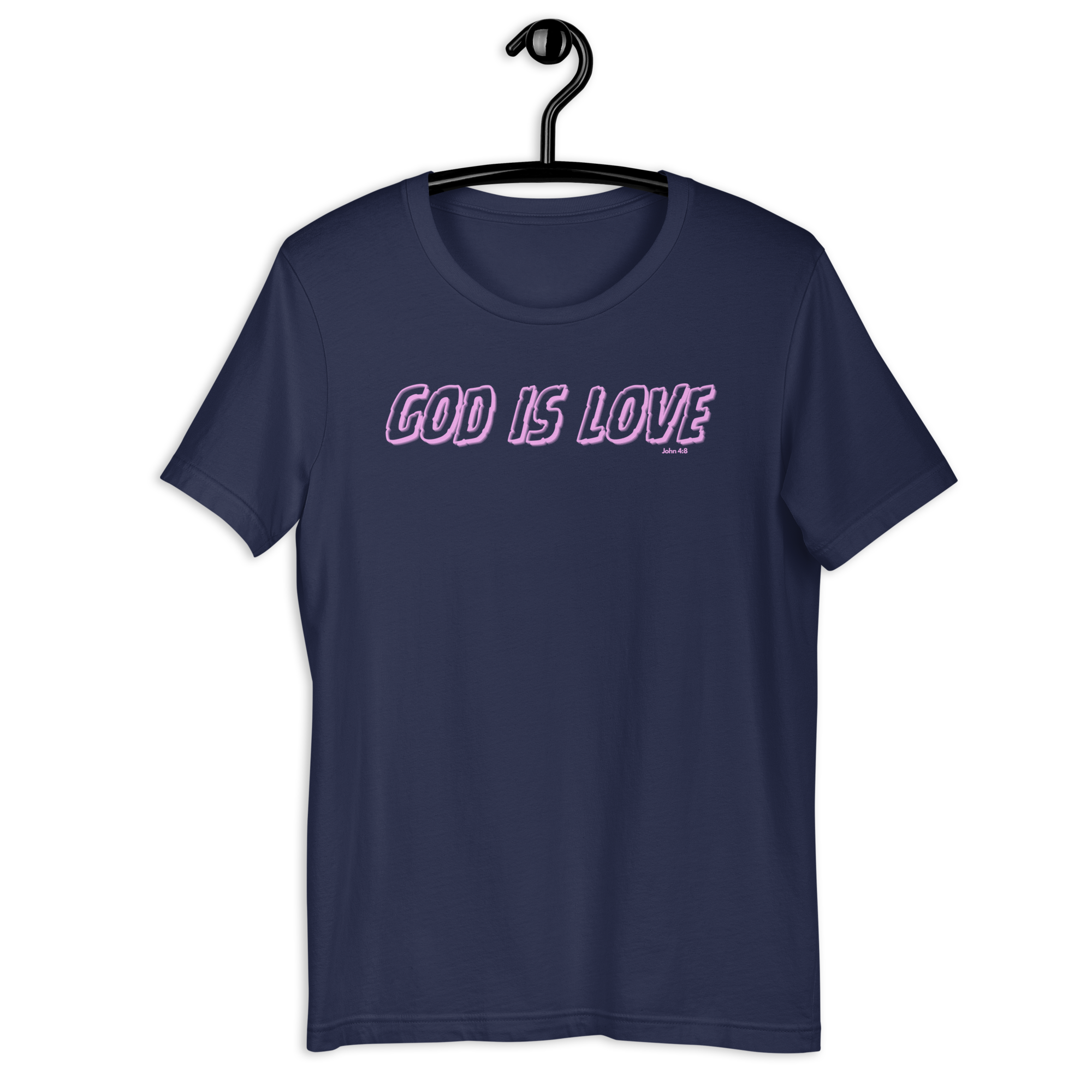 Heavenly Crafted's 'God Is Love' T-shirt in Navy hanging on a wooden hanger, showcasing the neon text design on the front. A perfect blend of faith and fashion for everyday wear.