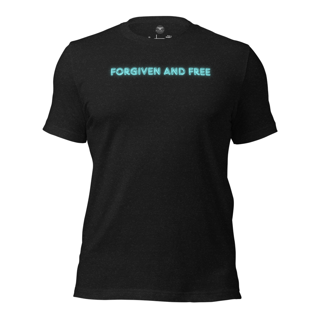 3D mockup of Heavenly Crafted's 'Forgiven and Free' T-shirt in Black Heather, showcasing the bold neon blue text design inspired by Ephesians 1:7. Perfect for expressing your faith in style and comfort.