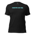 3D mockup of Heavenly Crafted's 'Forgiven and Free' T-shirt in Black Heather, showcasing the bold neon blue text design inspired by Ephesians 1:7. Perfect for expressing your faith in style and comfort.