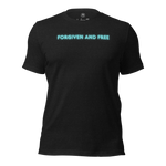 3D mockup of Heavenly Crafted's 'Forgiven and Free' T-shirt in Black Heather, showcasing the bold neon blue text design inspired by Ephesians 1:7. Perfect for expressing your faith in style and comfort.