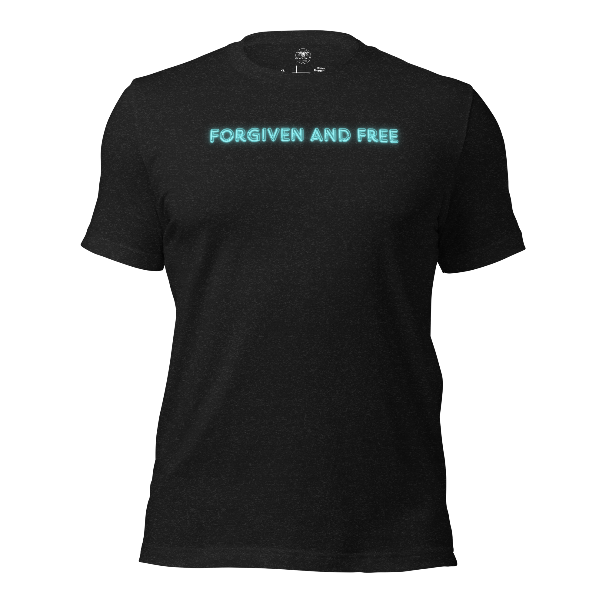 3D mockup of Heavenly Crafted's 'Forgiven and Free' T-shirt in Black Heather, showcasing the bold neon blue text design inspired by Ephesians 1:7. Perfect for expressing your faith in style and comfort.