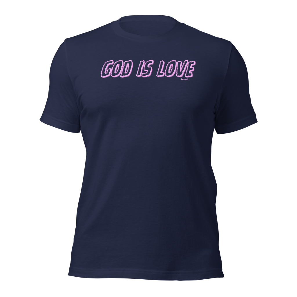 3D mockup of Heavenly Crafted's 'God Is Love' T-shirt in Navy, featuring bright neon pink and green text. This faith-inspired tee is designed to make a bold statement and express God's love through vibrant style.