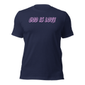 3D mockup of Heavenly Crafted's 'God Is Love' T-shirt in Navy, featuring bright neon pink and green text. This faith-inspired tee is designed to make a bold statement and express God's love through vibrant style.
