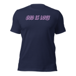 3D mockup of Heavenly Crafted's 'God Is Love' T-shirt in Navy, featuring bright neon pink and green text. This faith-inspired tee is designed to make a bold statement and express God's love through vibrant style.