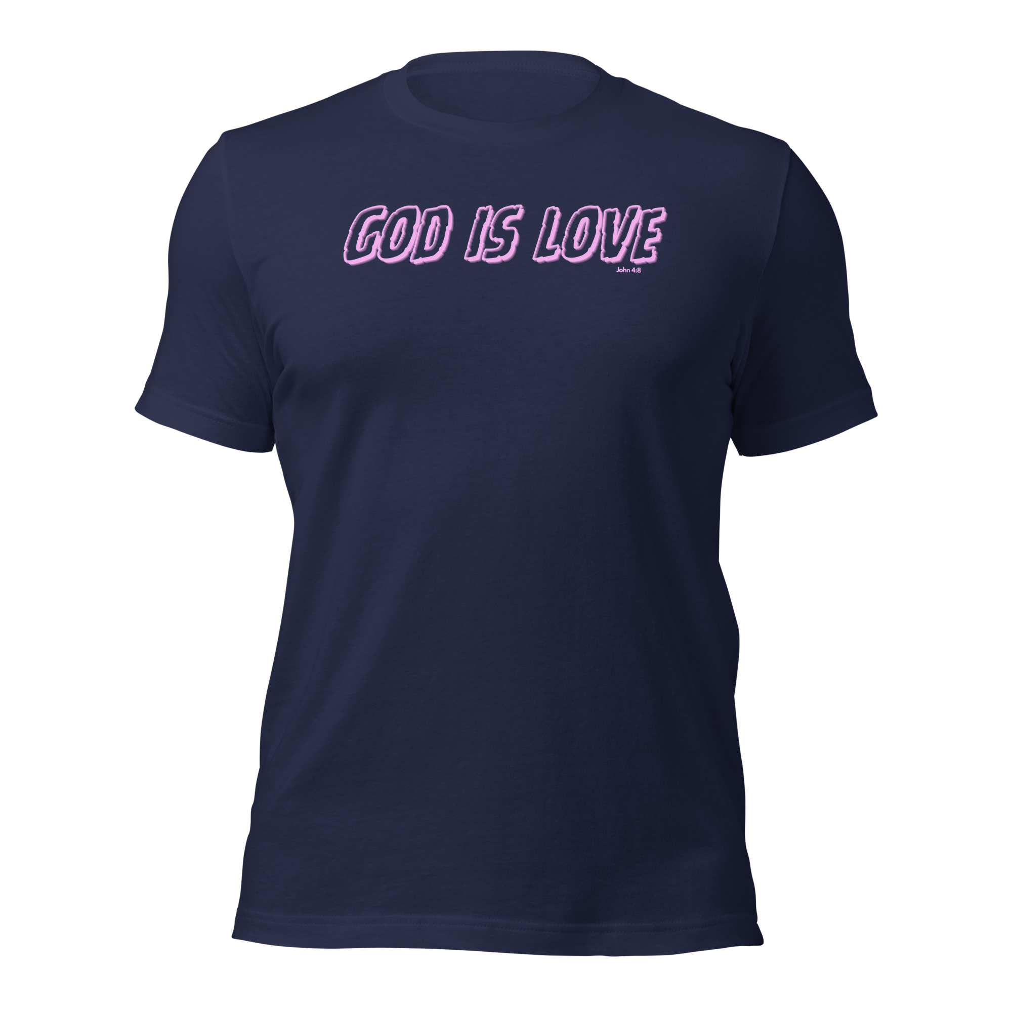 3D mockup of Heavenly Crafted's 'God Is Love' T-shirt in Navy, featuring bright neon pink and green text. This faith-inspired tee is designed to make a bold statement and express God's love through vibrant style.