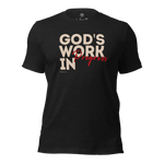 3D mockup of Heavenly Crafted's 'God's Work in Progress' T-shirt in Charcoal Black, featuring bold text design inspired by Philippians 1:6. A faith-inspired tee for continuous spiritual growth.