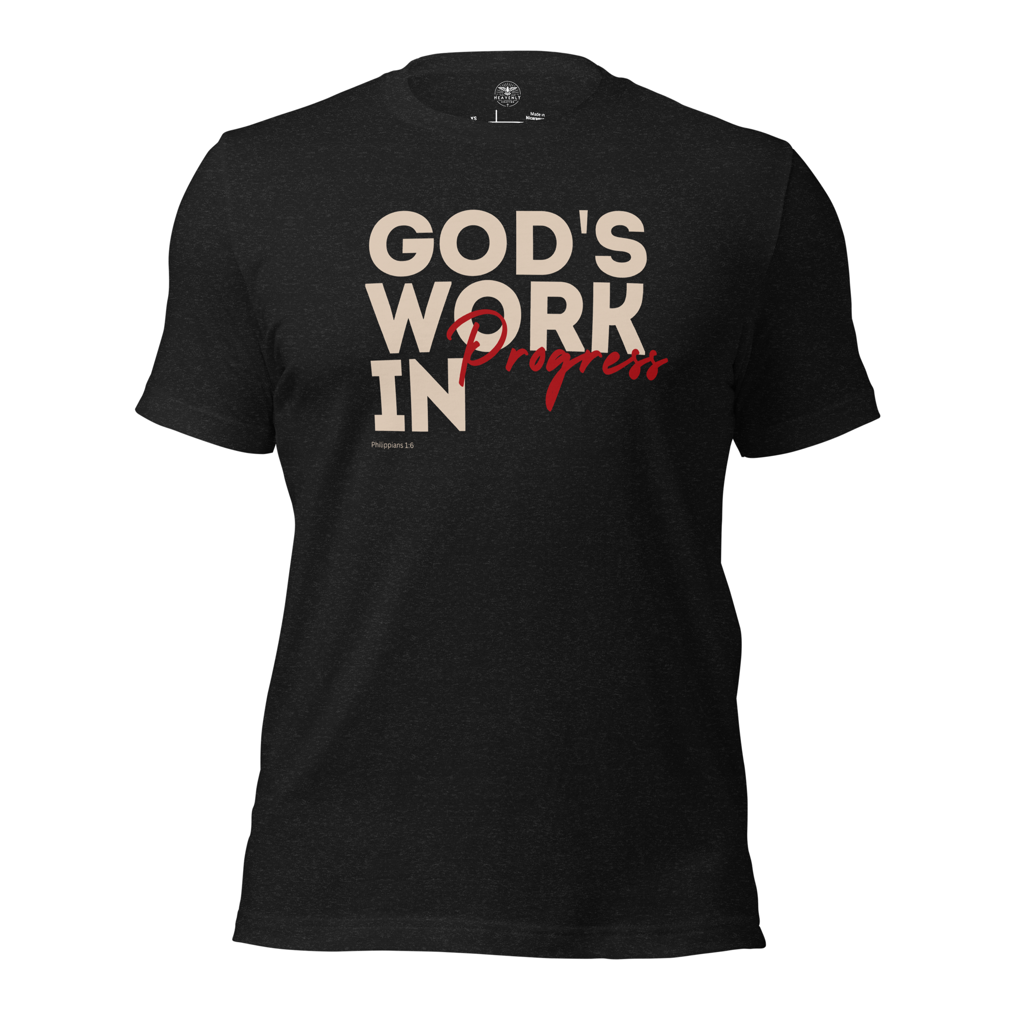 3D mockup of Heavenly Crafted's 'God's Work in Progress' T-shirt in Charcoal Black, featuring bold text design inspired by Philippians 1:6. A faith-inspired tee for continuous spiritual growth.