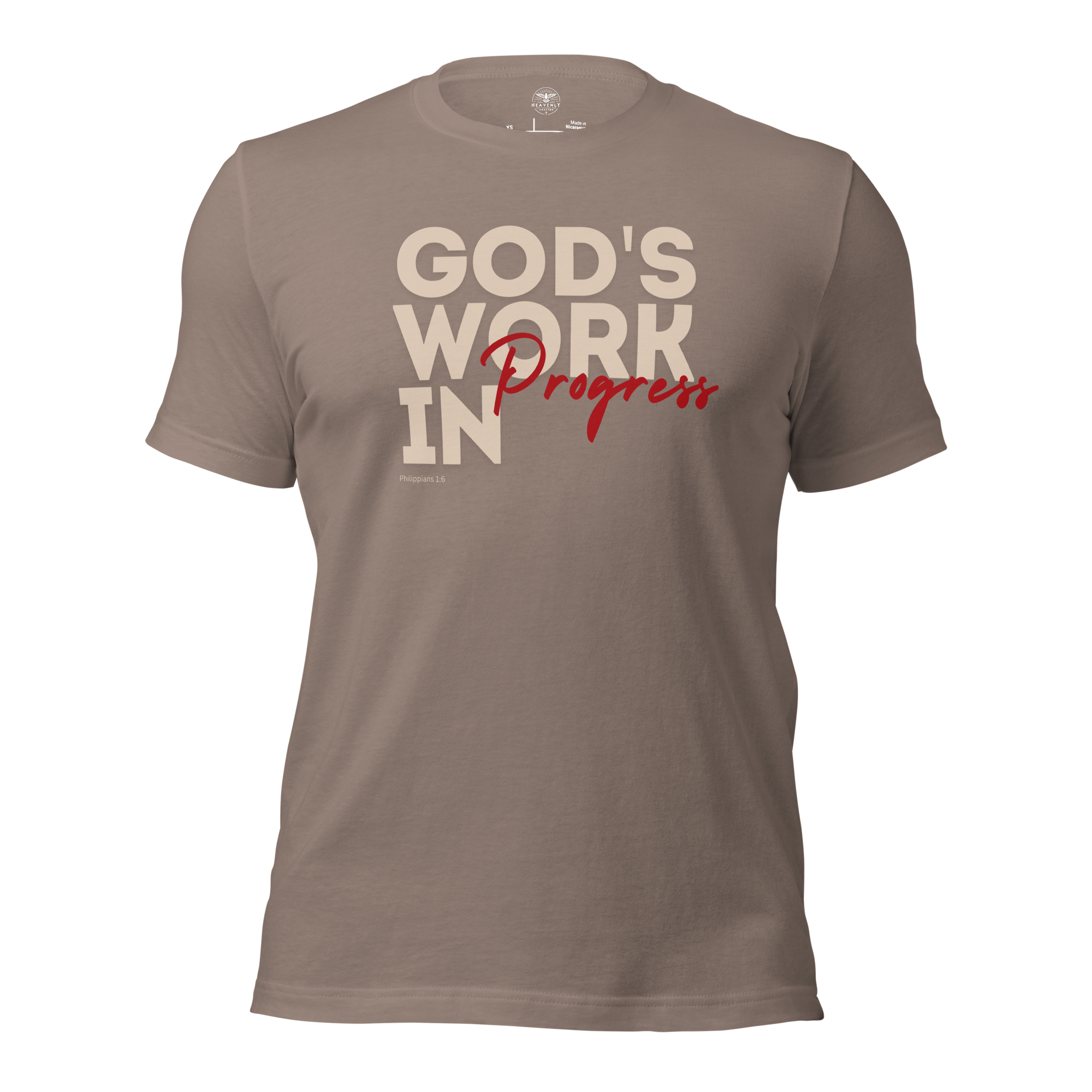 3D mockup of Heavenly Crafted's 'God's Work in Progress' T-shirt in Tan, featuring an elegant and bold text design inspired by Philippians 1:6. A faith-inspired tee for continuous spiritual growth.