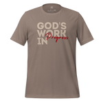 3D relaxed mockup of Heavenly Crafted's 'God's Work in Progress' T-shirt in Tan, featuring an elegant and bold text design inspired by Philippians 1:6. A faith-inspired tee for continuous spiritual growth