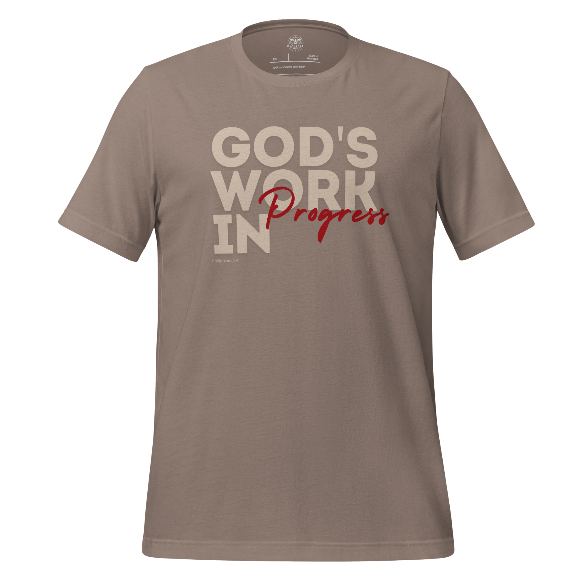 3D relaxed mockup of Heavenly Crafted's 'God's Work in Progress' T-shirt in Tan, featuring an elegant and bold text design inspired by Philippians 1:6. A faith-inspired tee for continuous spiritual growth