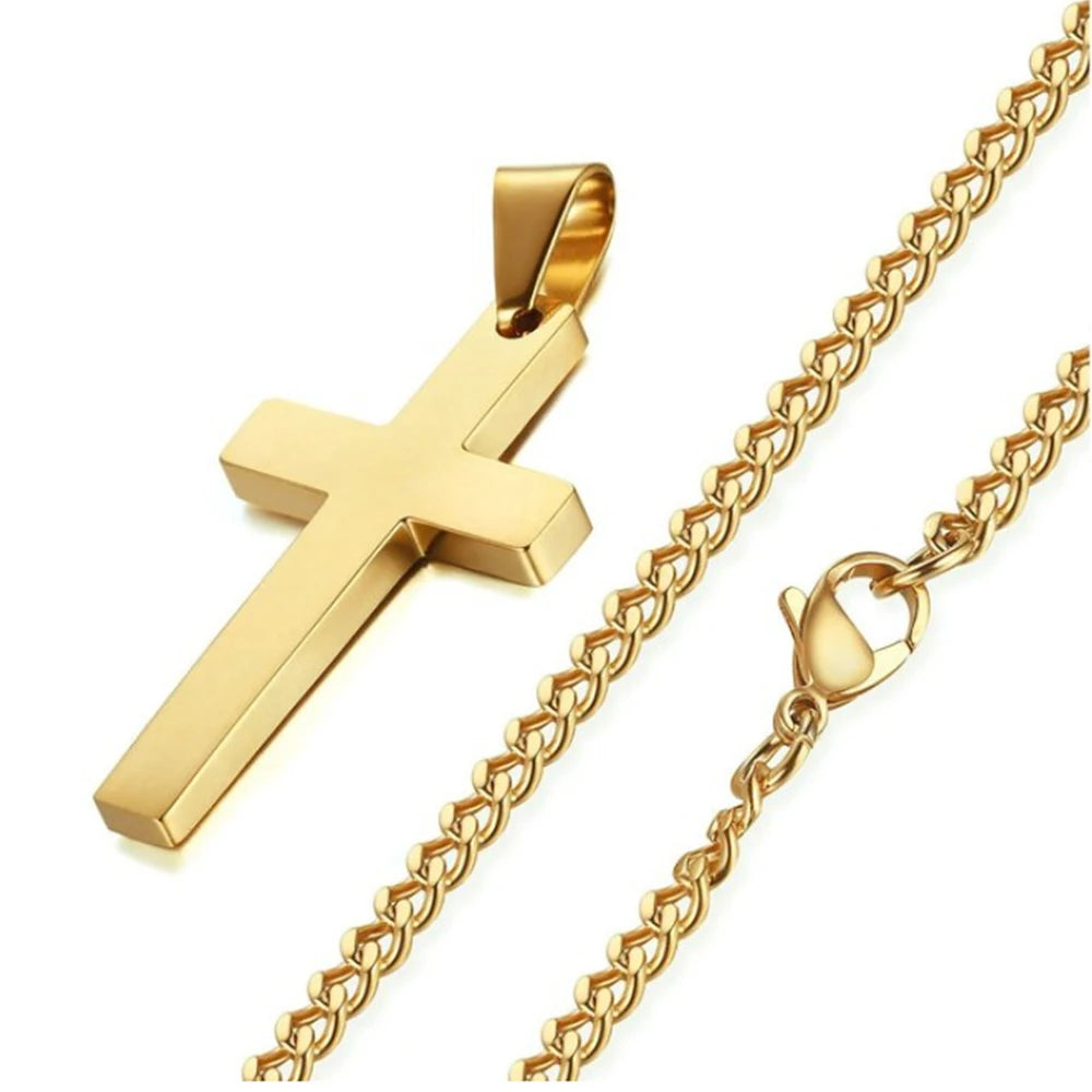 Durable Titanium Religious Jewelry by Heavenly Crafted, featuring Gold cross pendants separated from the chain on a white backdrop, highlighting their intricate design and craftsmanship.