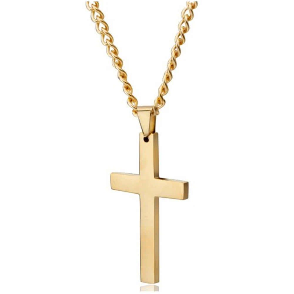 Gold Titanium Cross Pendant Prayer Choker hanging in close-up, featuring a sleek and polished chain and cross pendant by Heavenly Crafted. A blend of elegance and faith.