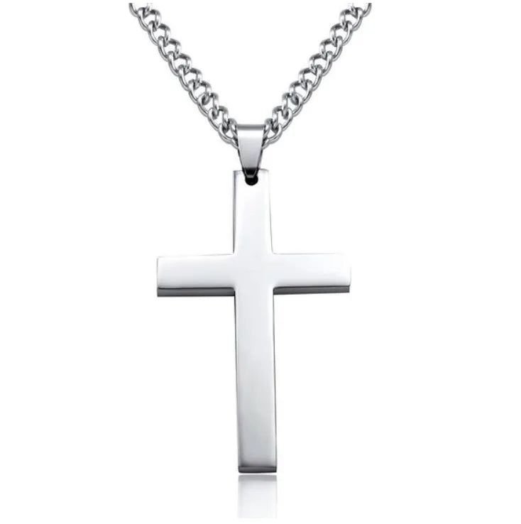 Close-up of Silver Titanium Cross Pendant Prayer Choker, showcasing the detailed craftsmanship and sleek stainless steel design by Heavenly Crafted. A symbol of faith and strength.