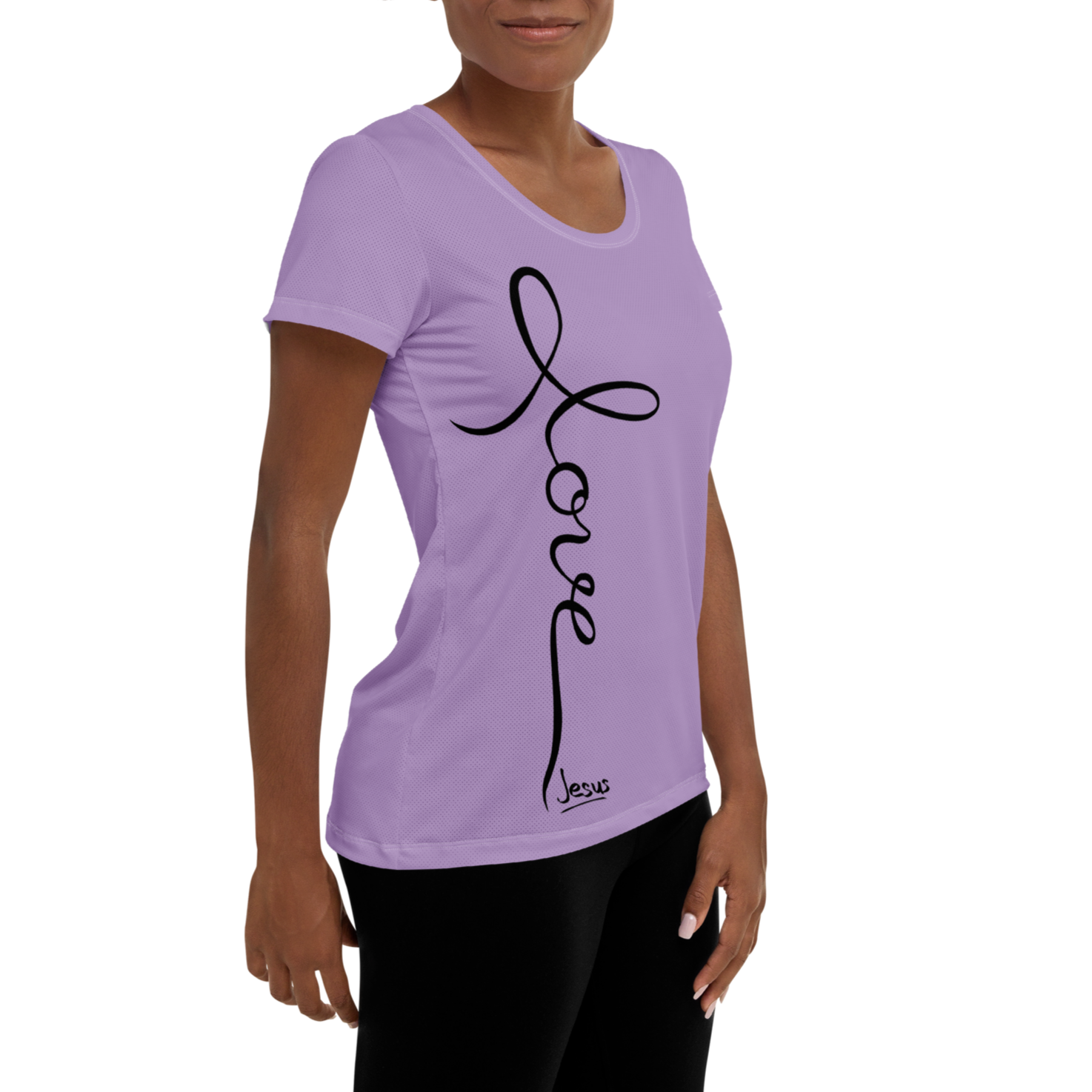 Light Purple LOVE & Jesus Cursive Shirt - Front View 3/4 Model mock up