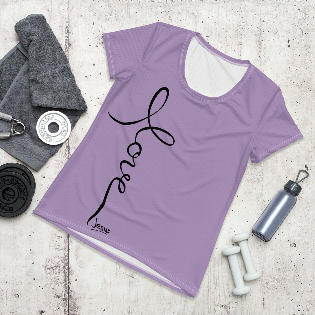 LOVE & Jesus Christian T-Shirt - Close-Up of Cursive Text. On the floor at the gym