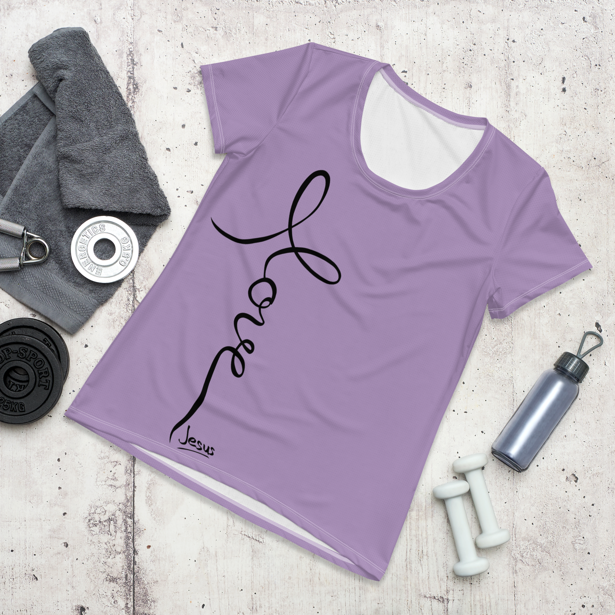 LOVE & Jesus Christian T-Shirt - Close-Up of Cursive Text. On the floor at the gym