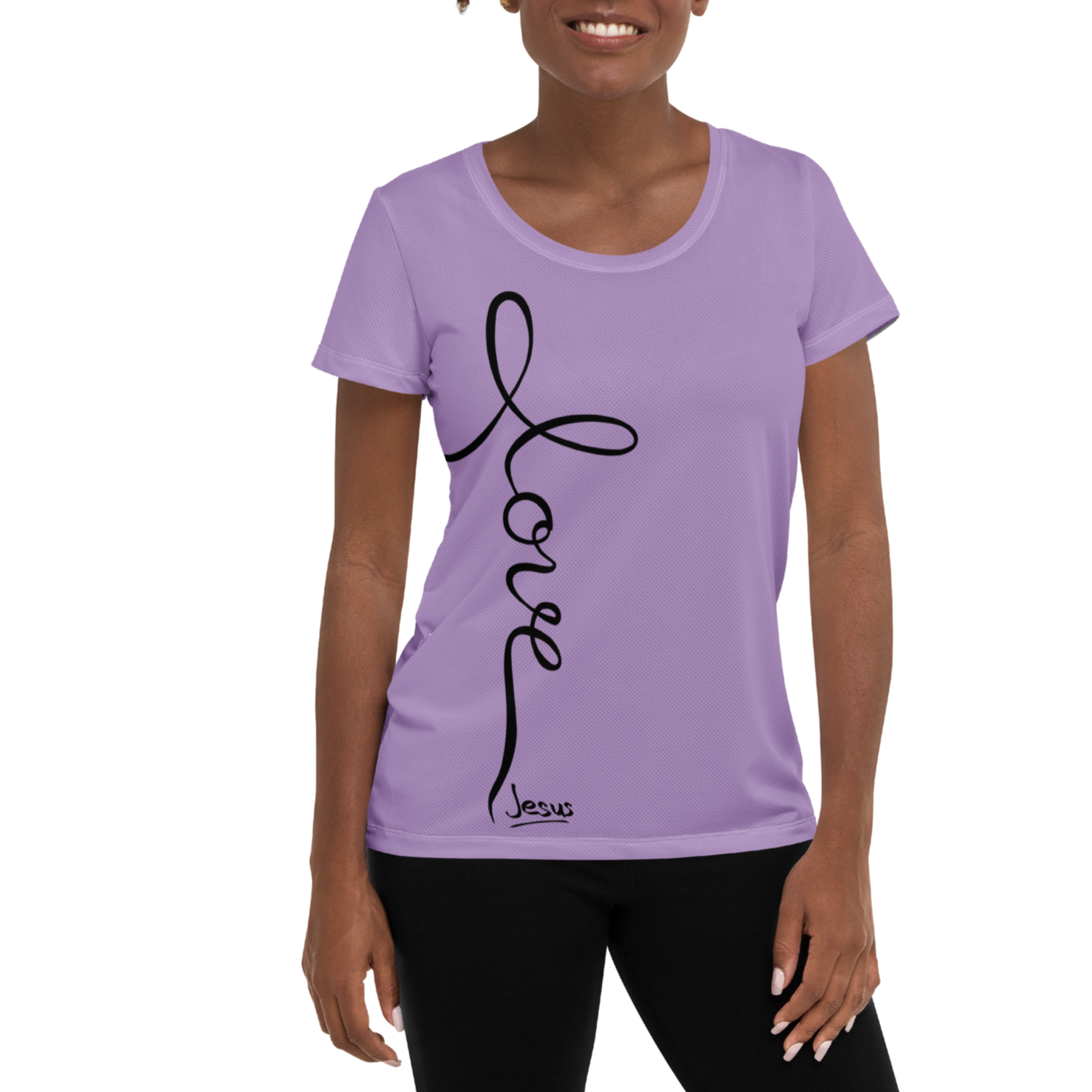 LOVE & Jesus Christian T-Shirt - Close-Up of Cursive Text