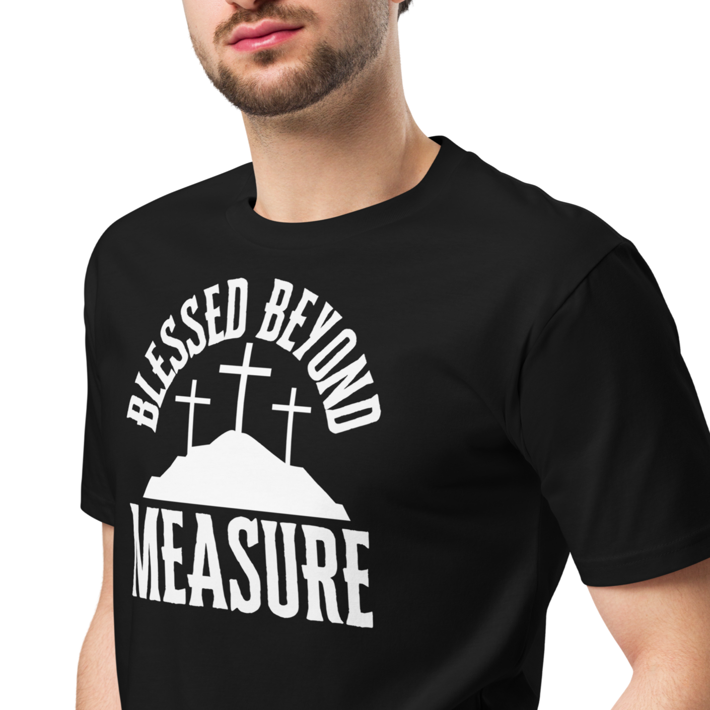 Male model in a 3/4 pose, waist up, wearing the 'Blessed Beyond Measure' T-shirt in black. Showcasing the bold white lettering and comfortable fit of this Heavenly Crafted faith-inspired apparel, perfect for daily wear and spiritual gatherings.