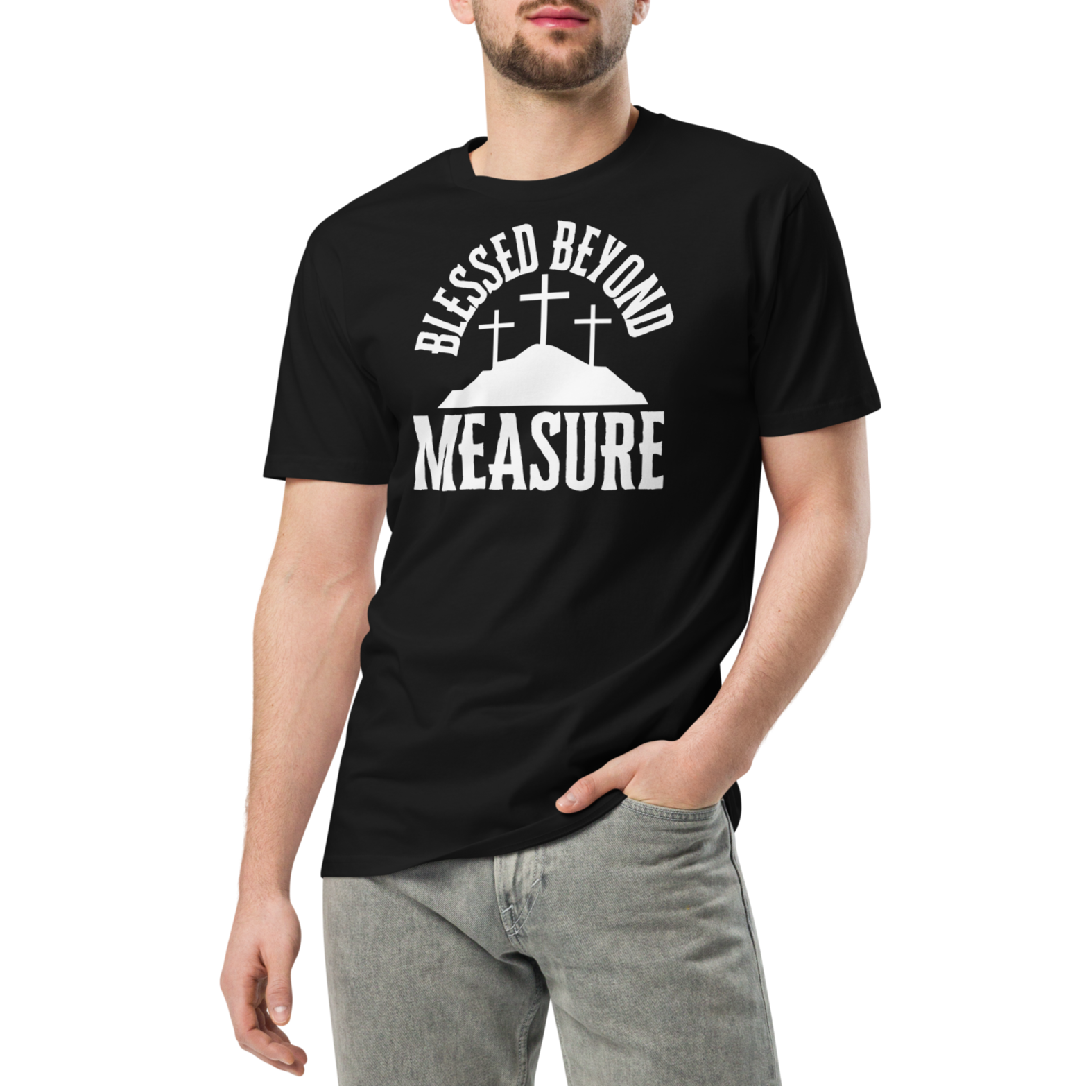 Male model wearing the 'Blessed Beyond Measure' T-shirt in black, showcasing the bold white lettering and relaxed fit. This Heavenly Crafted tee offers a casual and faith-inspired look, perfect for expressing gratitude and style.