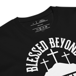 Close-up of the 'Blessed Beyond Measure' T-shirt neckline, revealing the Heavenly Crafted logo and care instructions tag on the inside. Highlighting the attention to detail and quality craftsmanship of this faith-inspired apparel.