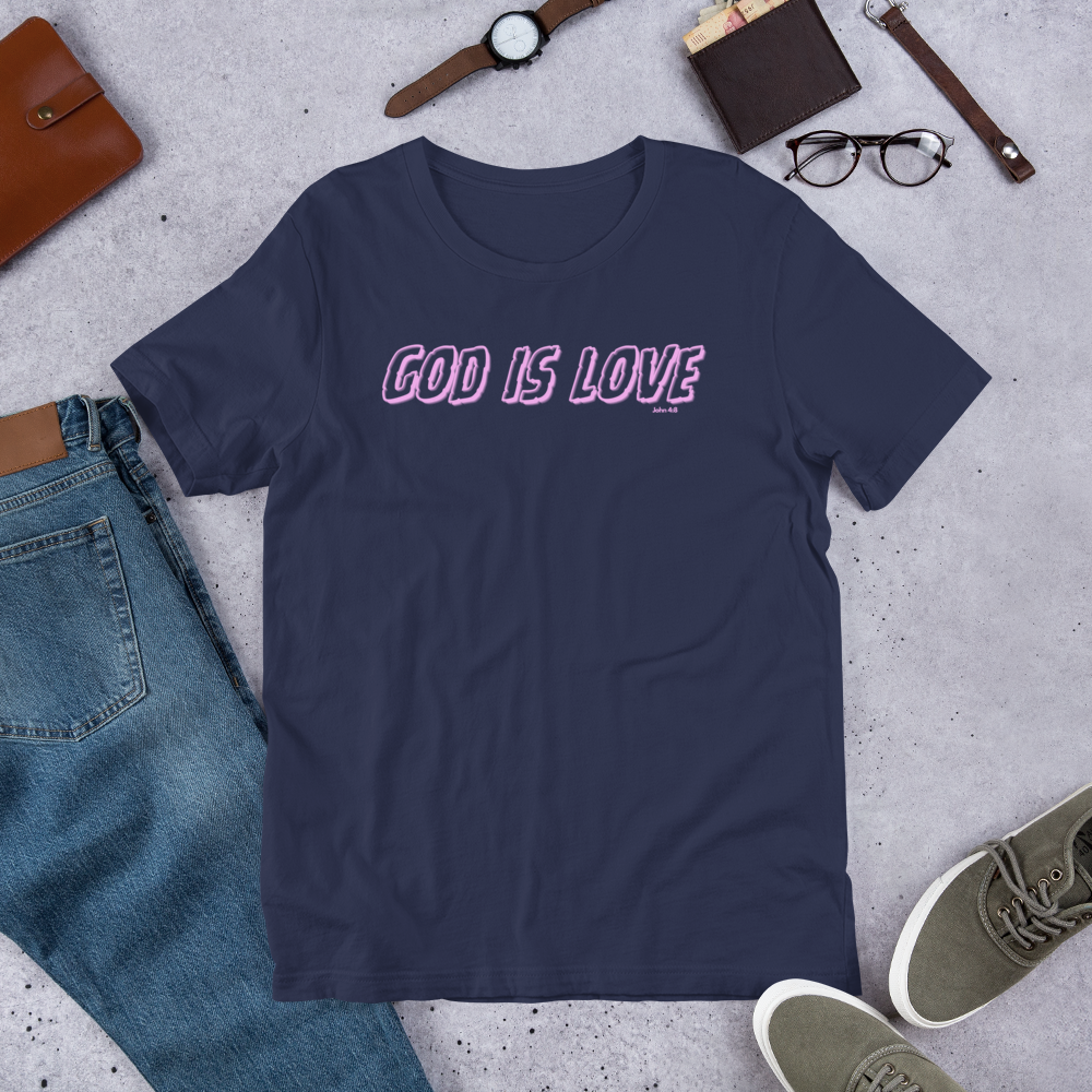 Main display of Heavenly Crafted's 'God Is Love' T-shirt in Navy at the online store. Featuring vibrant neon text, this tee offers a bold faith statement and stylish design."
