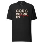 Main display of Heavenly Crafted's 'God's Work in Progress' T-shirt in Tan at the online store. Features a sleek and inspiring text design, encouraging continuous spiritual growth.