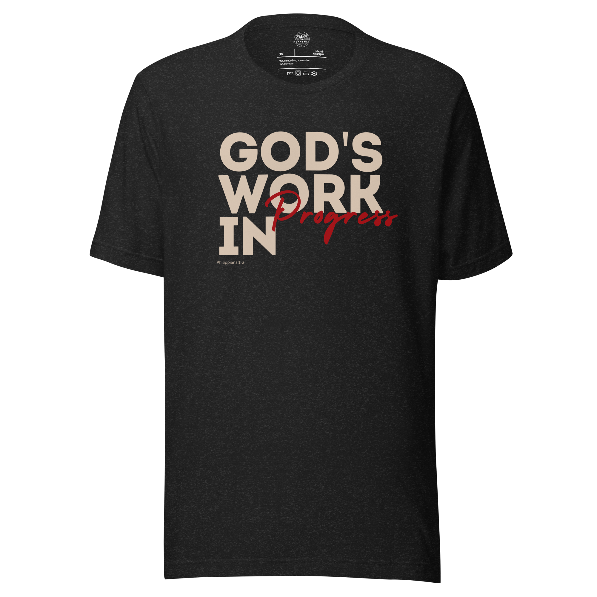 Main display of Heavenly Crafted's 'God's Work in Progress' T-shirt in Tan at the online store. Features a sleek and inspiring text design, encouraging continuous spiritual growth.