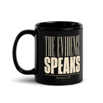 Product Gospel Noir The Evidence Speaks black Christian coffee mug back view with Romans 1:20 typography