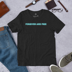 Shop display of Heavenly Crafted's 'Forgiven and Free' T-shirt in Black Heather with striking neon blue text, offering an inspirational and stylish addition to any faith-based wardrobe.