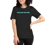 Model wearing Heavenly Crafted's 'Forgiven and Free' T-shirt in Black Heather, side view. Features bold neon blue text, symbolizing redemption and freedom in Christ.
