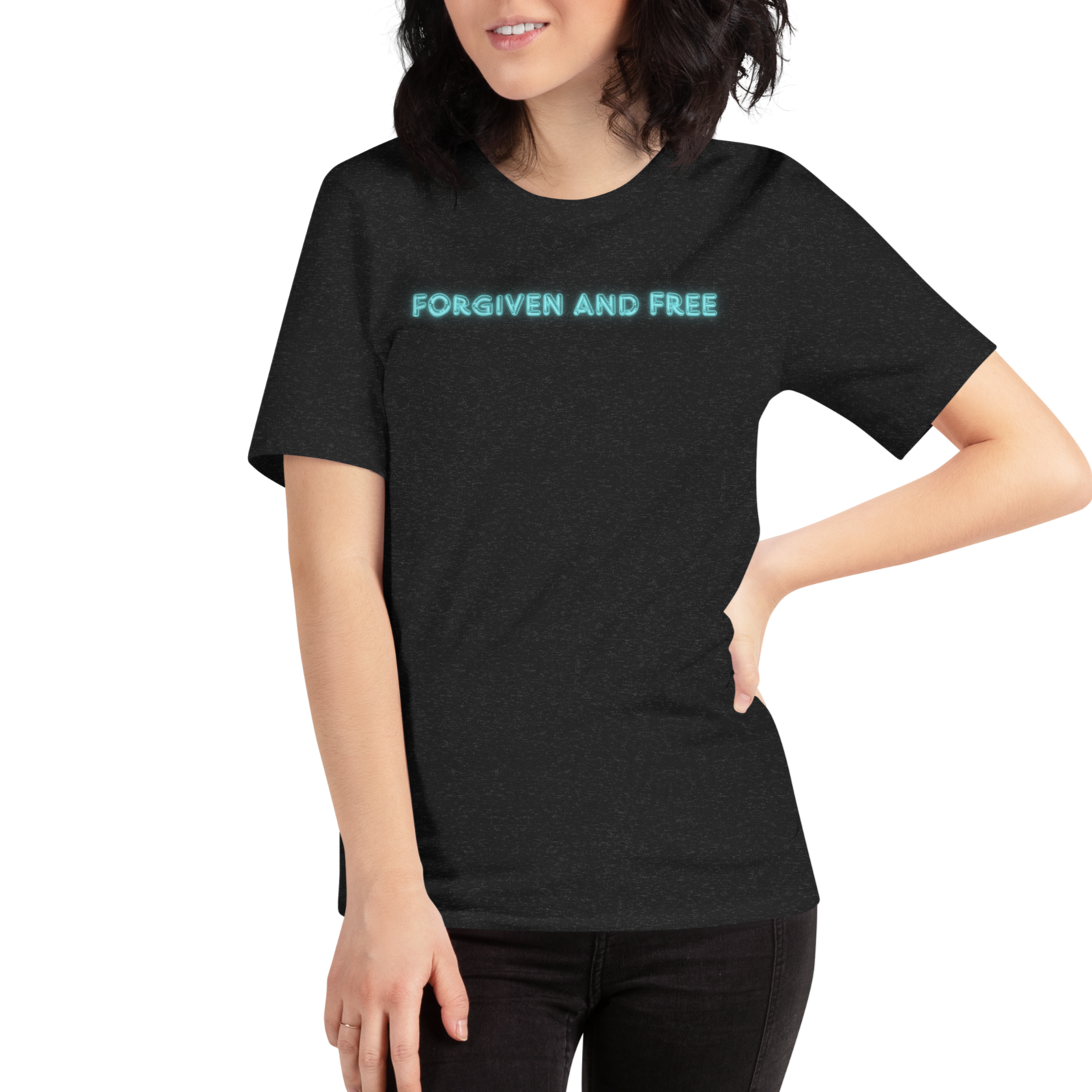 Model wearing Heavenly Crafted's 'Forgiven and Free' T-shirt in Black Heather, side view. Features bold neon blue text, symbolizing redemption and freedom in Christ.