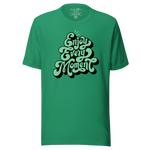 Main display mockup of 'Enjoy Every Moment' T-shirt in a store setting, showcasing its vibrant green color and graffiti-style lettering. Perfect for spreading positivity and inspiration.