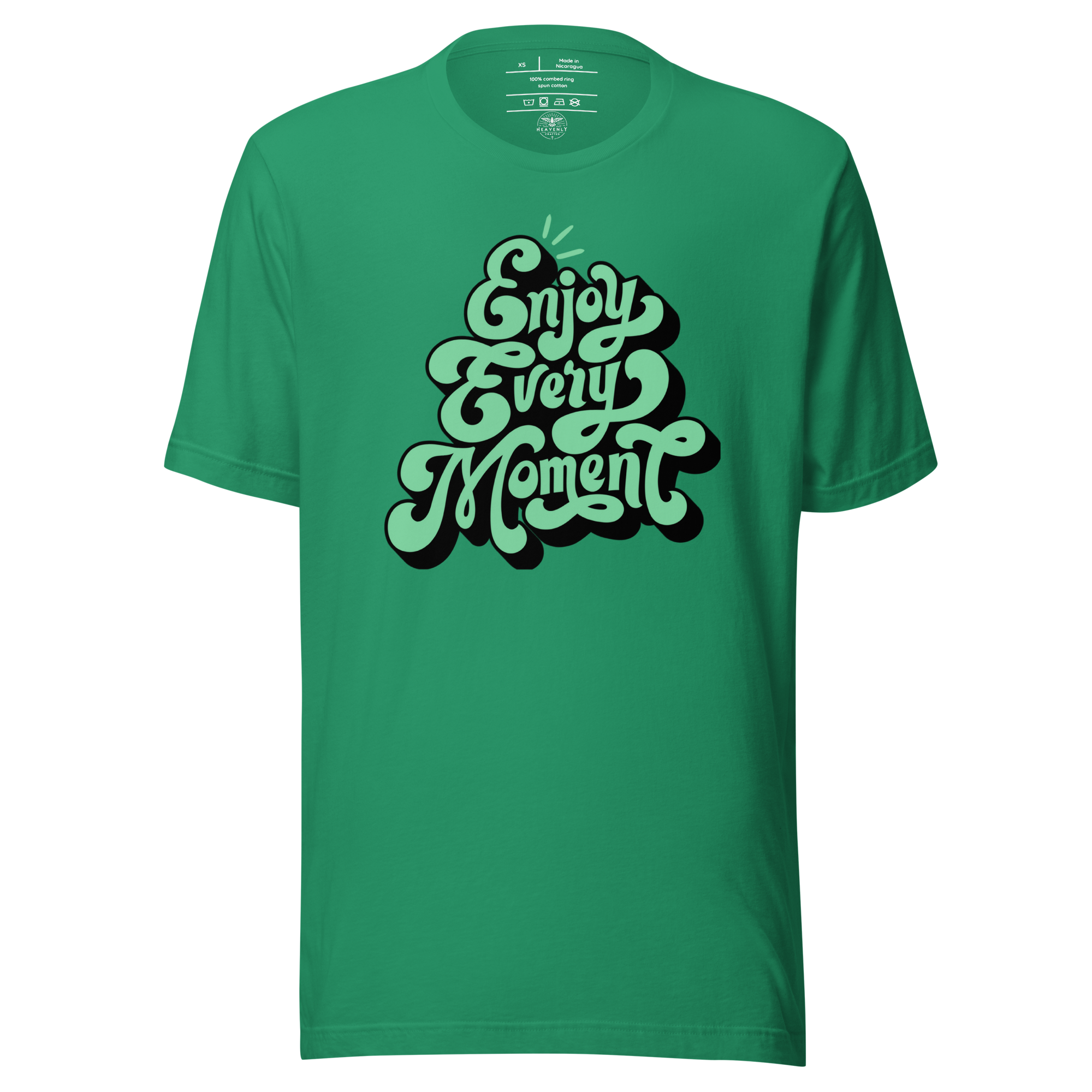 Main display mockup of 'Enjoy Every Moment' T-shirt in a store setting, showcasing its vibrant green color and graffiti-style lettering. Perfect for spreading positivity and inspiration.