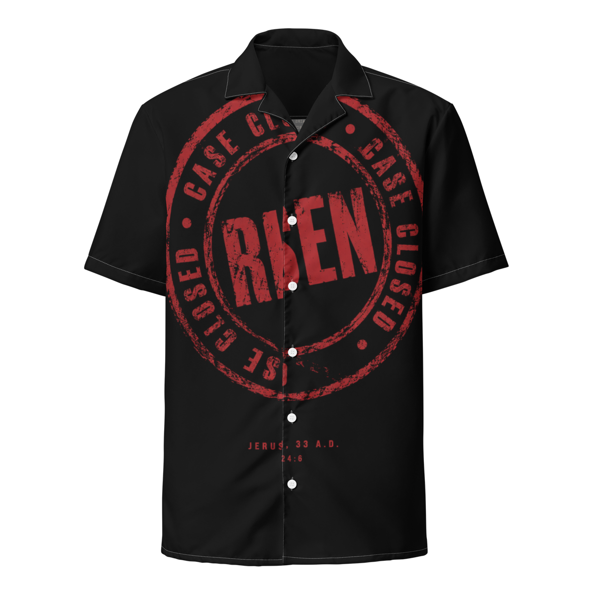 Gospel Noir Case Closed Risen button-down shirt front view with resurrection stamp design