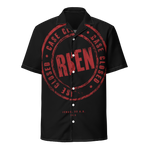 Gospel Noir Case Closed Risen button-down shirt front view with resurrection stamp design