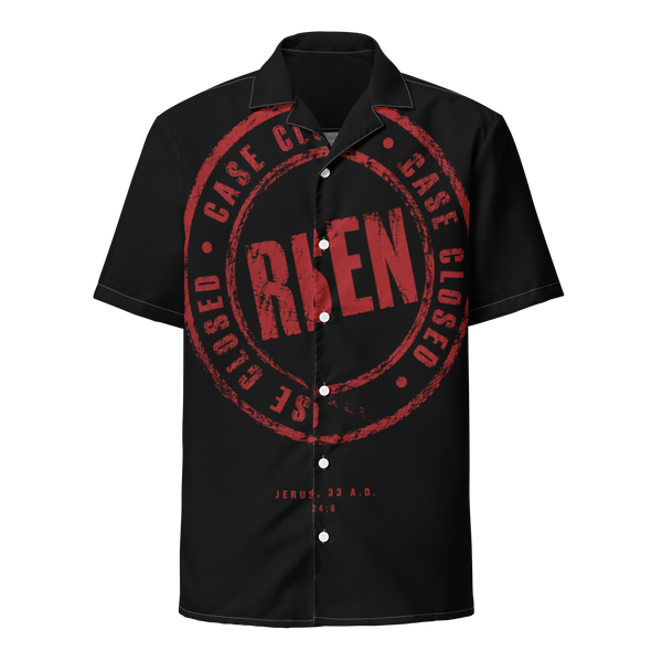 Gospel Noir Case Closed Risen button-down shirt front view with resurrection stamp design